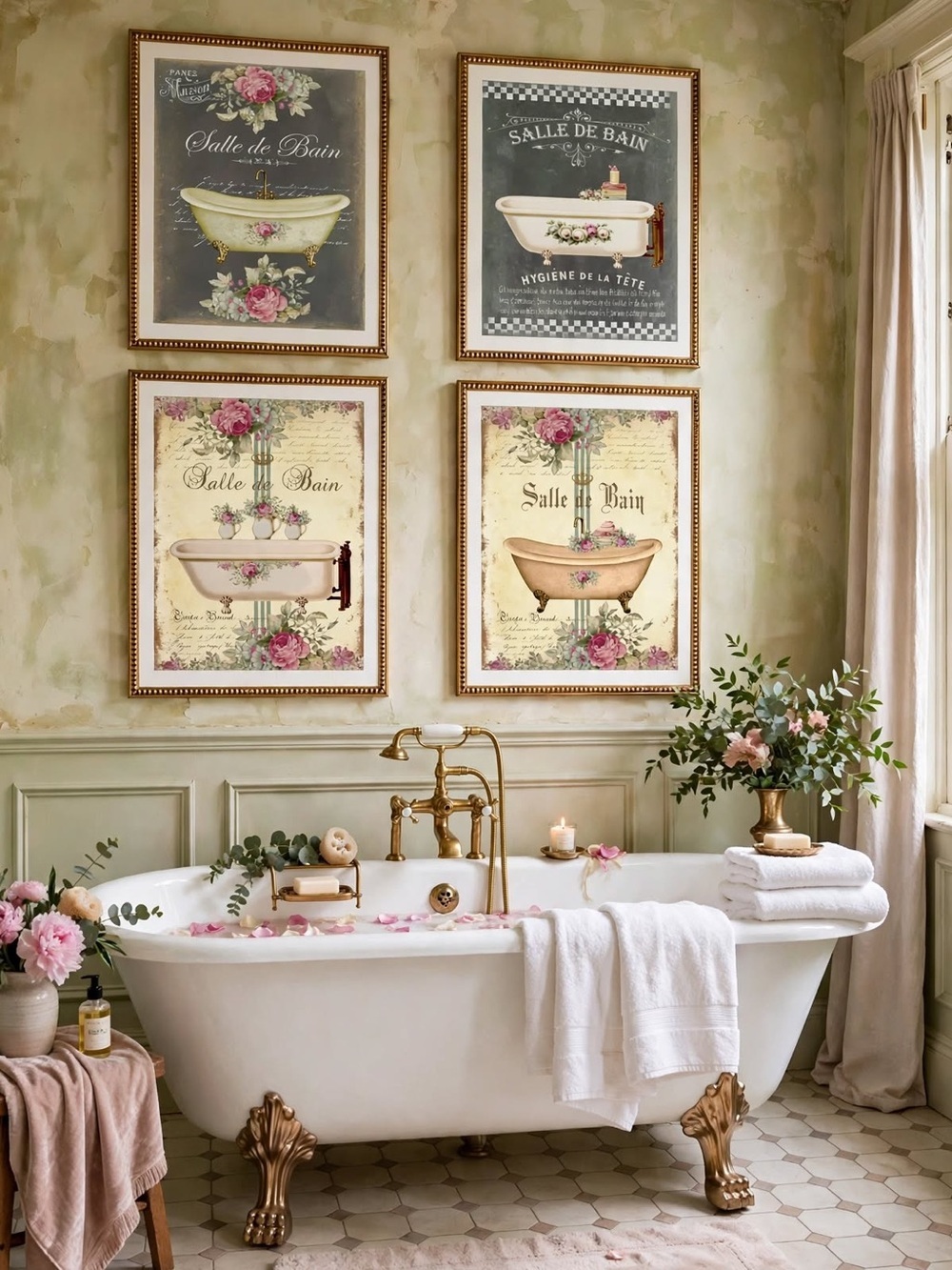 Pick 3 Shabby Chic Floral Clawfoot Bathtub Prints | Coquette Cottagecore Bathroo